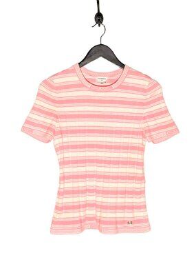 Chanel 23C Paris Monte Carlo Ivory Pink Striped Short Sleeves Sweater